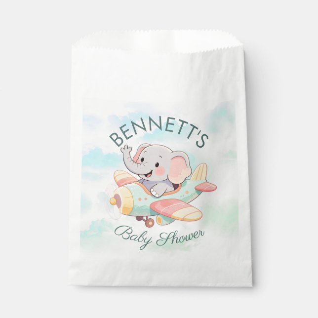 Sachets En Papier Watercolor Elephant Airplane Baby Shower Favor Bag (Devant)