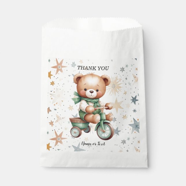 Sachets En Papier Watercolor Teddy Bear Stars Green Bike Party (Devant)