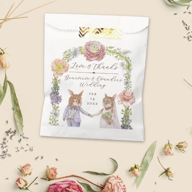 Sachets En Papier Whimsical Boho Lapin Lapin Aimer Floral Mariage (Illustrated bunny rabbit themed favor bags)