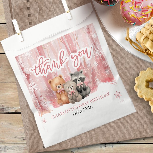 Sachets En Papier Winter Onederland Bear Pink First Birthday Party (Créateur téléchargé)