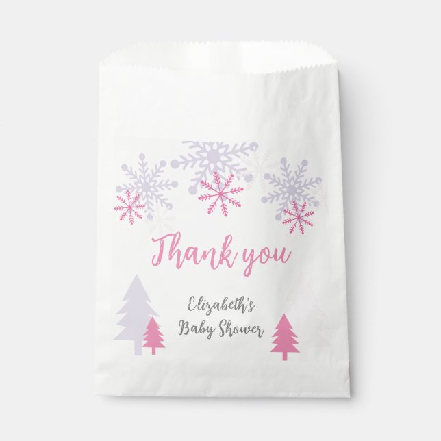 Sachets En Papier Winter Wonderland Baby shower Pink Snowflakes (Devant)
