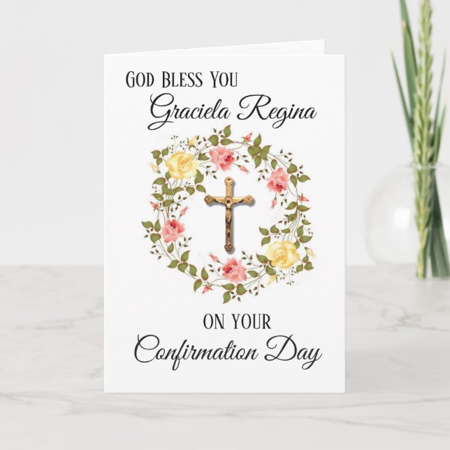 Sacrament Confirmation Crucifix Floral Wreath Holiday Card (Front)