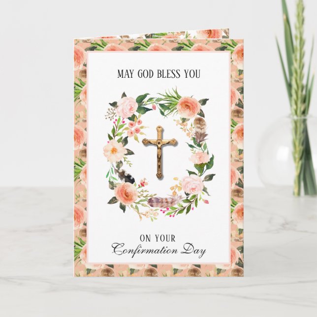 Sacrament Confirmation Religious Floral Wreath  Holiday Card (Front)