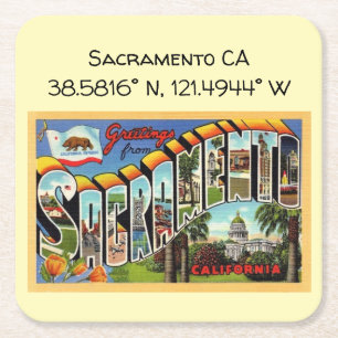 Sacramento CA Map Coordinates Vintage Style Square Paper Coaster