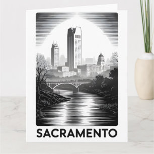 Sacramento California Skyline Black White Woodcut Card