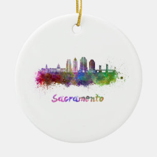 Sacramento V2 skyline in watercolor Ceramic Ornament