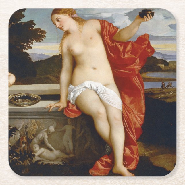 Sacred and Profane Love, Tiziano Vecelli, 1515 Square Paper Coaster (Front)