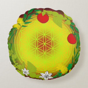 Sacred Apple Garden Flower of Life Round Pillow