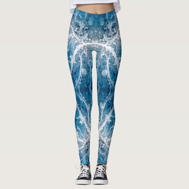 Sacred Cosmic Flow - Blue Silver Symmetry Leggings (Front)