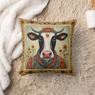 Sacred Cow Floral Folk Art  Throw Pillow
