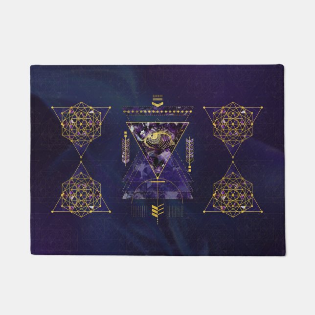 Sacred Geometry All Seeing eye in gold and amethys Doormat (Front)