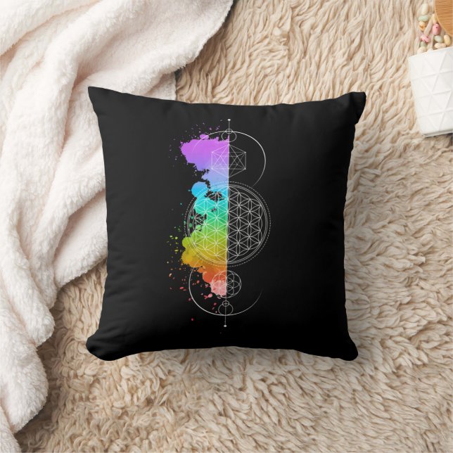 Sacred Geometry – Black with Chakra Colours Throw Pillow (Blanket)