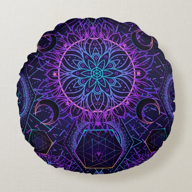 Sacred Geometry seamless pattern. Hindu symbols of Round Pillow (Front)