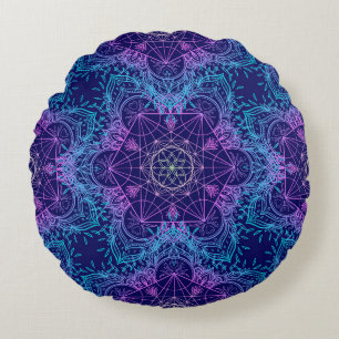 Sacred Geometry Symbols in Mandala seamless patter Round Pillow