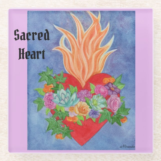 Sacred Heart Glass Coaster Colourful Original Art (Front)
