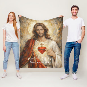 Sacred Heart Jesus Artistic Impasto Painting Red  Fleece Blanket