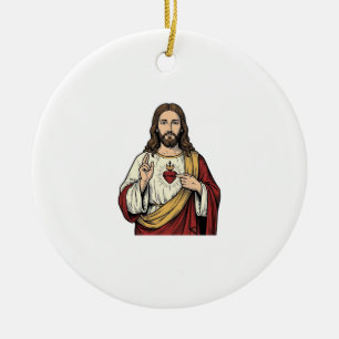 Sacred Heart Jesus Vintage Engraving Vector Art_1 Ceramic Ornament