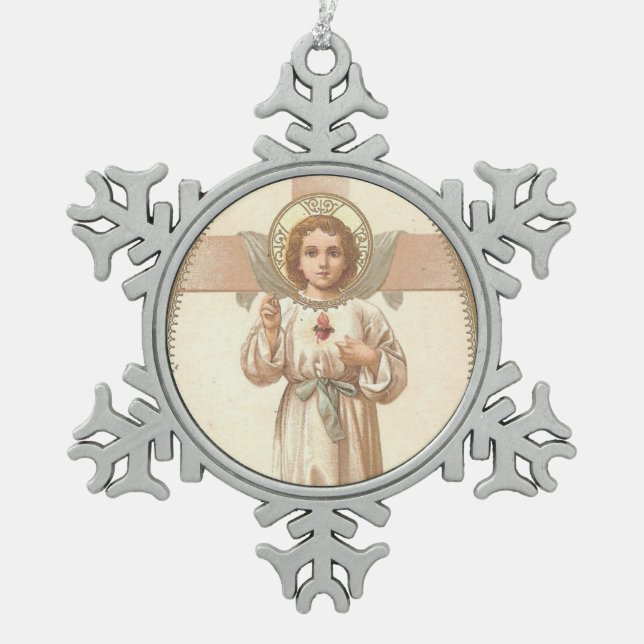 Sacred Heart of Child Jesus with cross Snowflake Pewter Christmas Ornament (Front)