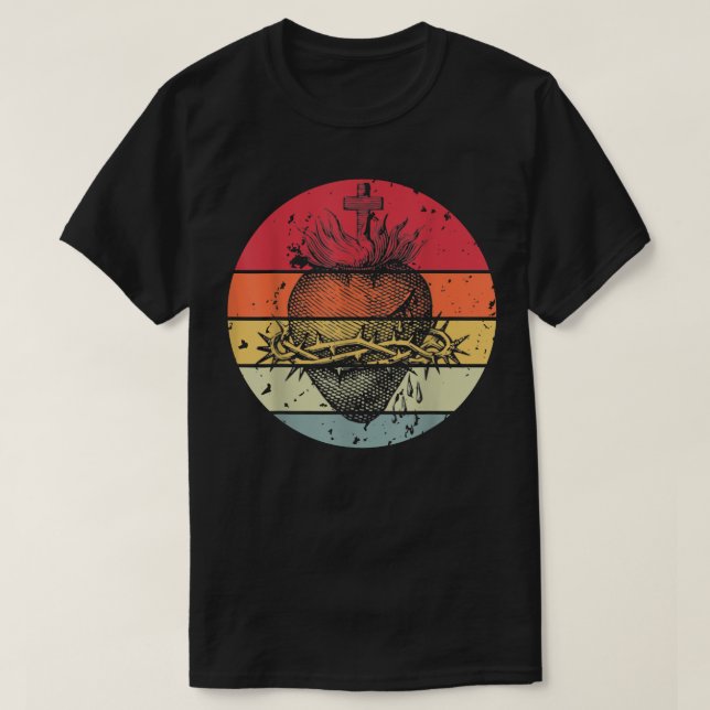 Sacred Heart of Jesus Christ Retro Sunset Art Cath T-Shirt (Design Front)