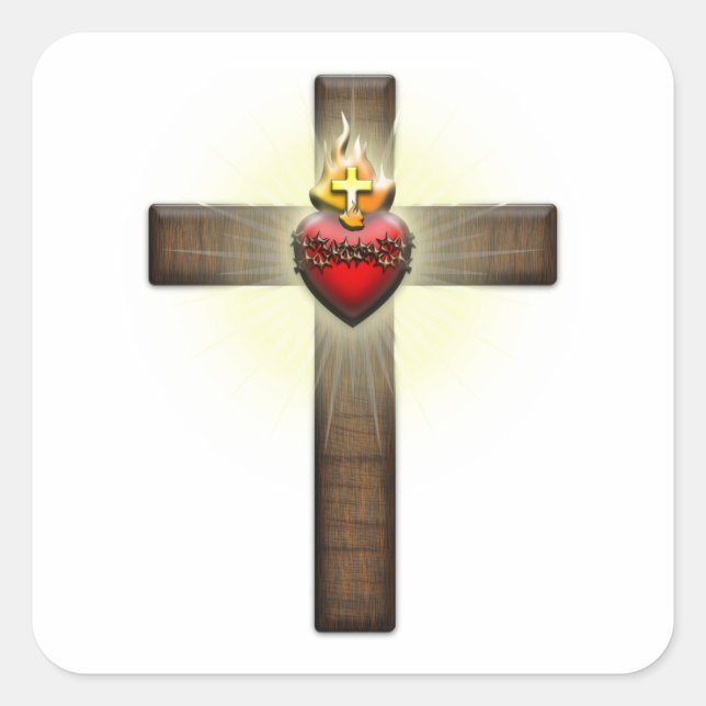 Sacred Heart of Jesus Cross Square Sticker (Front)