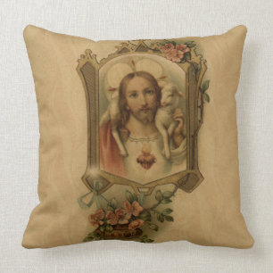 Sacred Heart of Jesus Vintage with Lamb, Flowers Throw Pillow