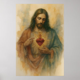 Sacred Heart Of Jesus Watercolor Devotional Art Poster