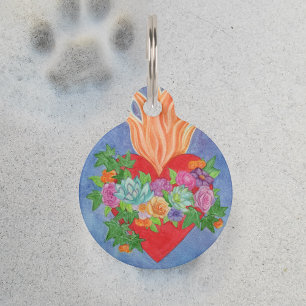 Sacred Heart Watercolor Personalized Cat Dog Pet Tag