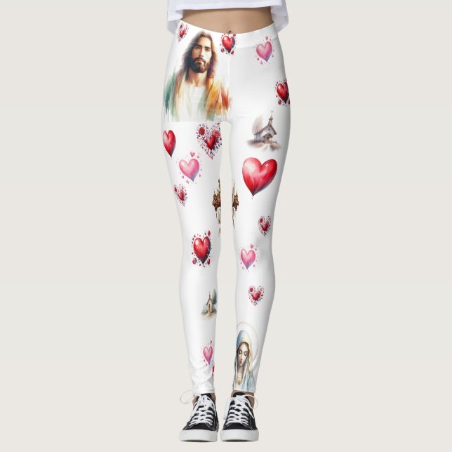 Sacred Hearts of Jesus and Mary – Watercolor Chris Leggings (Front)