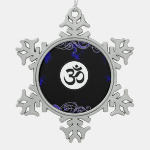 Sacred Hindu Aum Symbol Blue Snowflake Pewter Christmas Ornament
