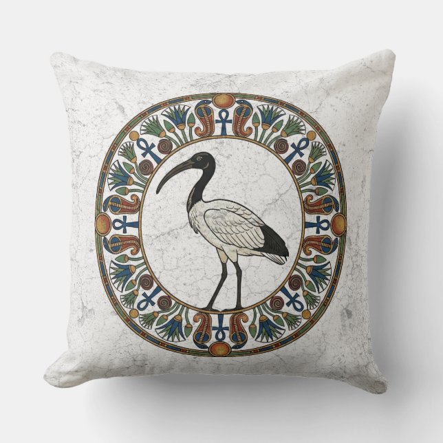 Sacred Ibis of Thoth: God of Wisdom Ancient Egypt Throw Pillow (Front)