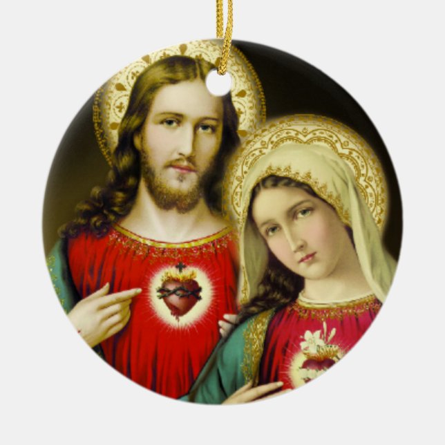 Sacred Jesus Immaculate Heart Mary Ceramic Ornament (Front)