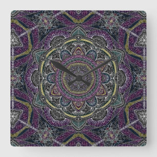 Sacred mandala stars and lace purple and black square wall clock