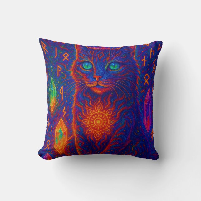 Sacred Neon Cat Throw Pillow (Front)