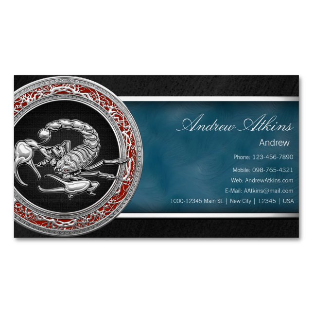 Sacred Silver Scorpion on Black Magnetic Business Card (Front)