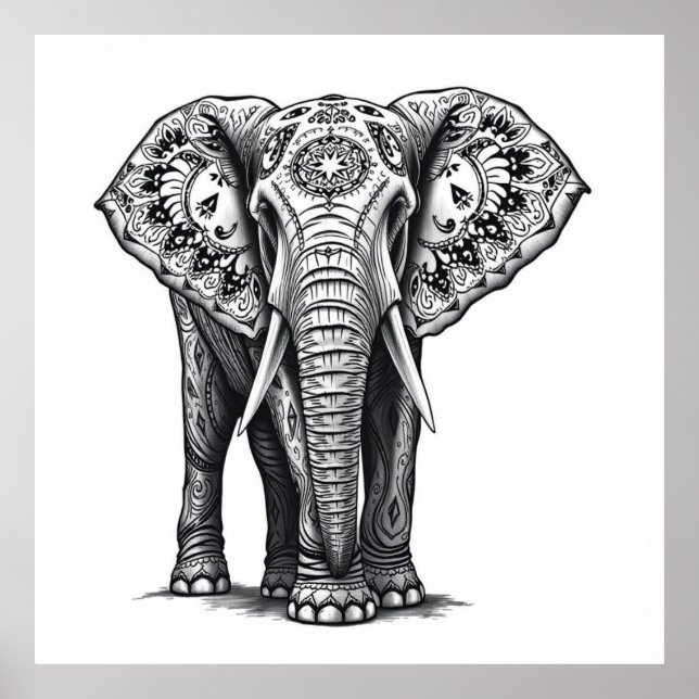 Sacred Strength: Elephant Charcoal Art Poster (Front)