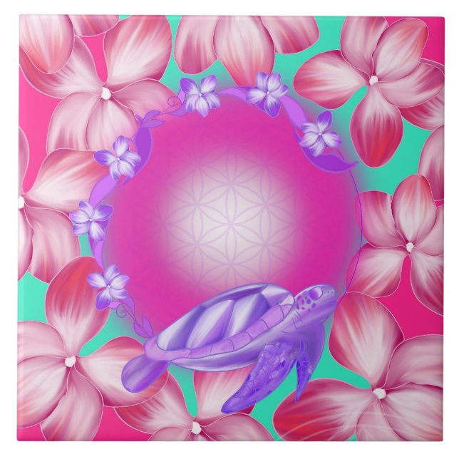 Sacred Turtle, Flower of Life & Floral Design Tile (Front)