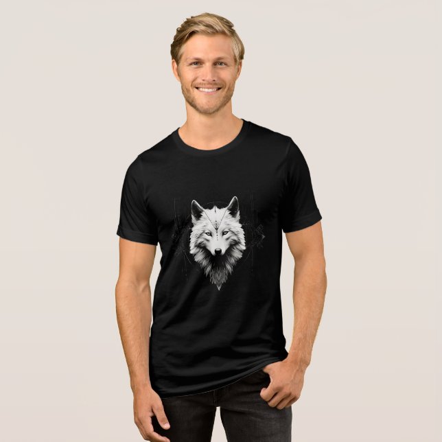 Sacred White Wolf – Geometric Spirit Design Tri-Blend Shirt (Front Full)