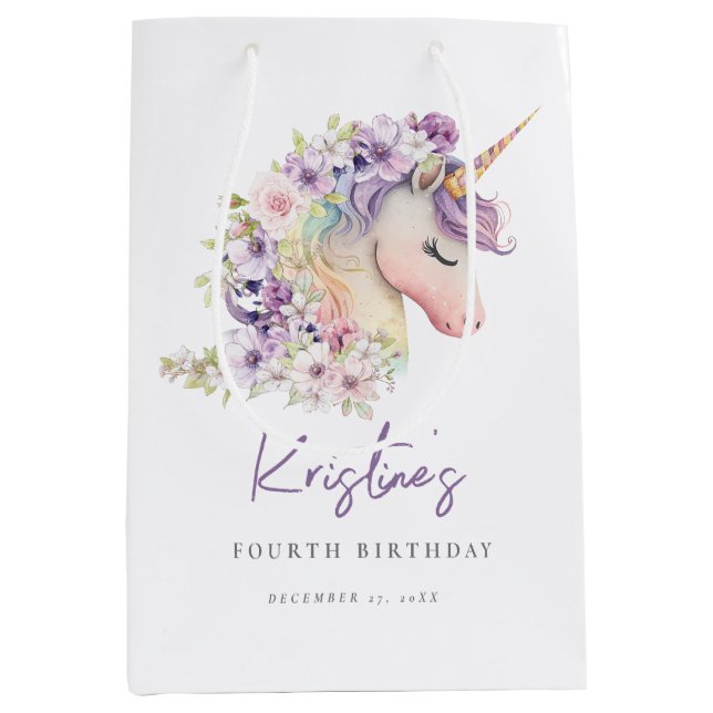 Sacs cadeaux d'anniversaire de la licorne florale  (Devant)