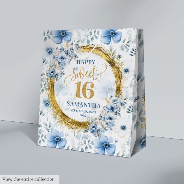 Sacs de Parties scintillant en or Sweet sixteen bl (Classic Light Blue Sweet Sixteen Gold Glitter Bags)