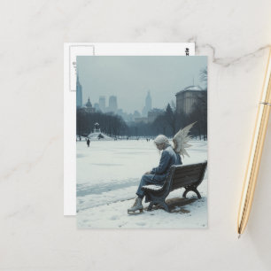 Sad angel in ice skates sitting on a park bench postcard