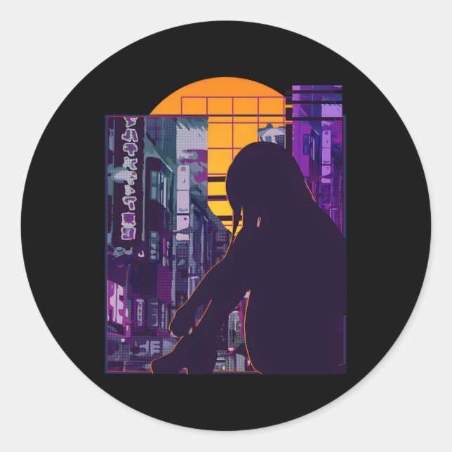 Sad Anime Japanese Vaporwave Aesthetic Anime Classic Round Sticker (Front)