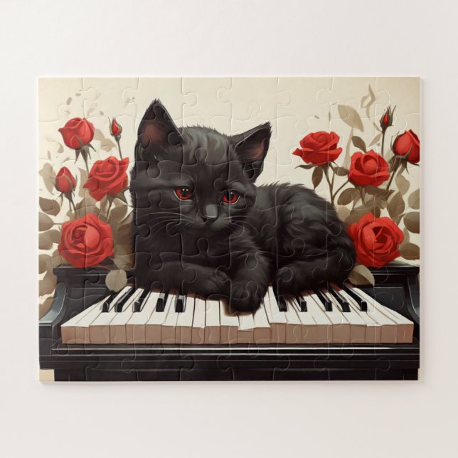 Sad black cat on piano jigsaw puzzle (Horizontal)