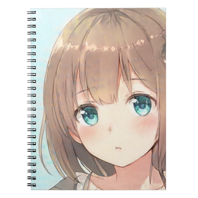 Sad brown hair girl emerald green eyes anime manga notebook (Front)