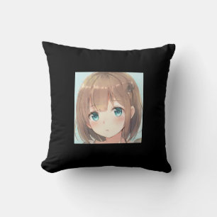 Sad brown hair girl emerald green eyes anime manga throw pillow