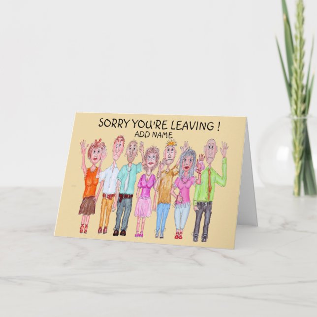 Sad cartoon people waving goodbye card (Front)