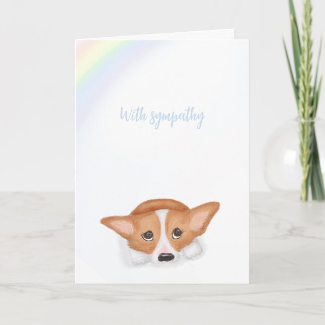 Sad corgi and rainbow pet loss sympathy card (Front)