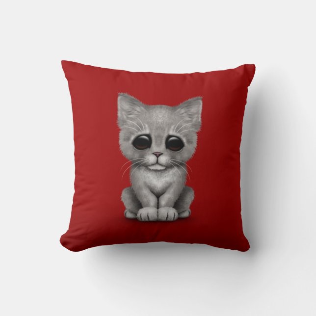 Sad Cute Grey Kitten Cat on Red Throw Pillow (Front)