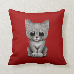 Sad Cute Grey Kitten Cat on Red Throw Pillow
