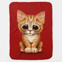 Sad Cute Orange Tabby Kitten Cat on Red Baby Blanket