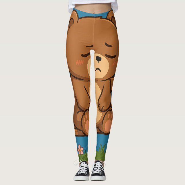 Sad Cute Teddy Bear on Bench – Emotional Cartoon Leggings (Front)